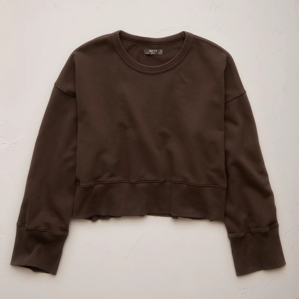 American Eagle AE77 Premium Relaxed Cropped Sweatshirt Organic Cotton Brown Sz S - Picture 3 of 8